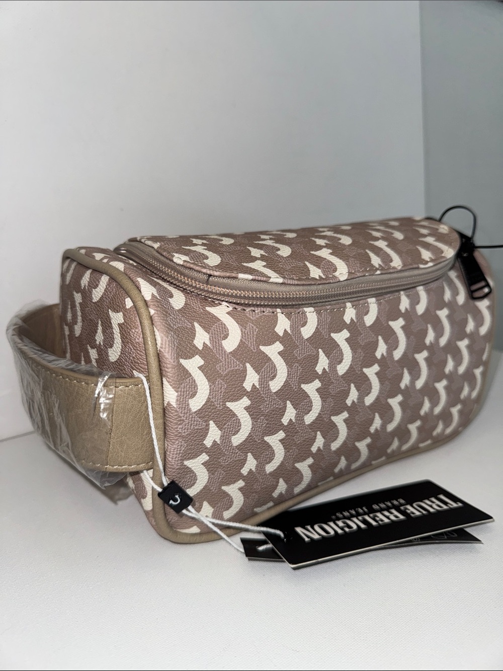 True Religion Unisex Tan & Cream Monogram Cosmetic Toiletry Bag - Picture 1 of 6